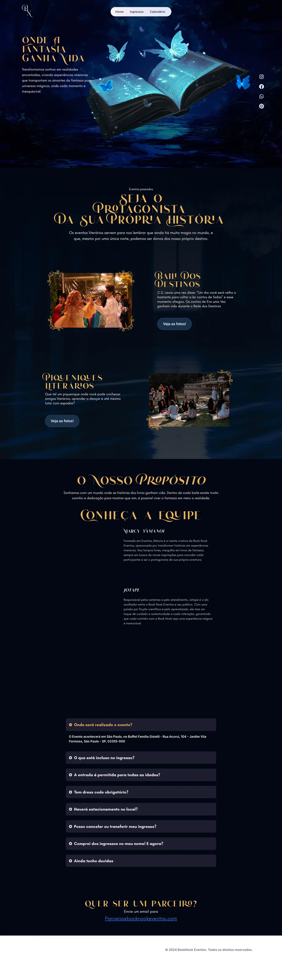 Antes: a home antiga, com o baile real fora da página e a compra espalhada entre home, ingressos e marketplace.