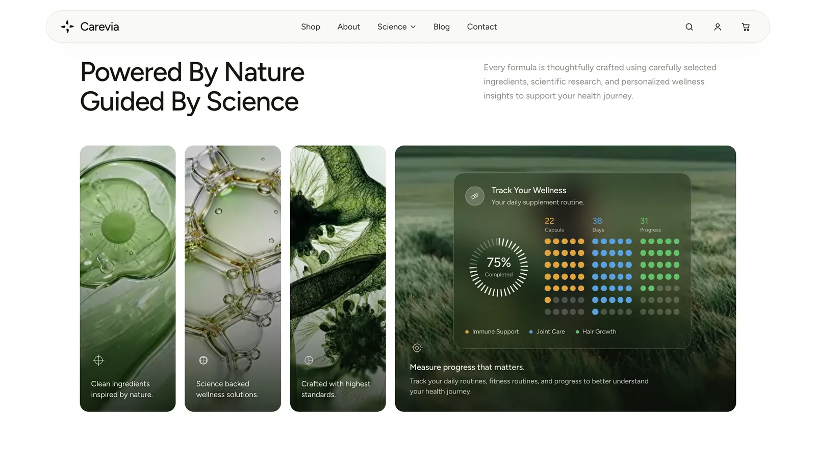 “Powered By Nature Guided By Science”: a ciência da marca e o painel “Track Your Wellness” — o app de acompanhamento aparecendo na página.