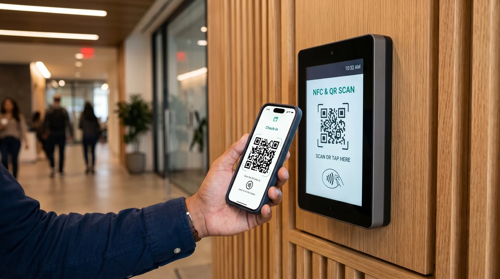 O totem na parede e o celular com o QR: encostar ou apontar, e o check-in está feito.
